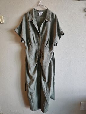 DKNY Olive Green Button-Front Shirt Dress